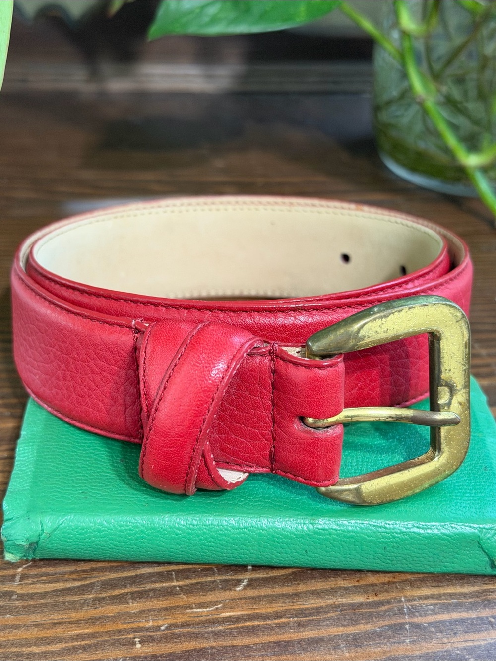 VTG Talbots Small Red Genuine Leather Textured Belt W/ Brass Buckle 6009